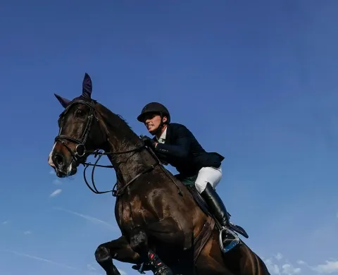 Edouard Schmitz und Pferd mächtig über Wassergraben